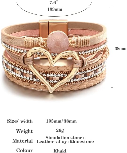 Leather Wrap Bracelet for Women Beaded Cuff Bracelet with Heart-shape Decor Bohemian Crystal Bracelet Jewelry with Clasp Bangle Bracelet for Women Girls Birthday Holiday Gift