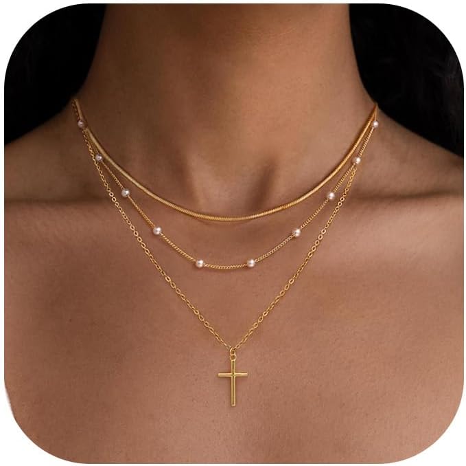 Layered Necklace for Women 14K Gold Plated Dainty Paperclip Herringbone Pearl Cross Pendant Necklace Stack，Layering Chain Cuban Figaro Rope Chain Choker Trendy Gold Jewelry Gift