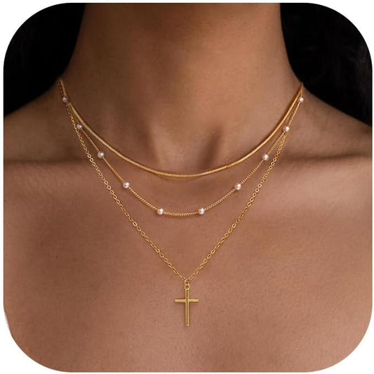 Layered Necklace for Women 14K Gold Plated Dainty Paperclip Herringbone Pearl Cross Pendant Necklace Stack，Layering Chain Cuban Figaro Rope Chain Choker Trendy Gold Jewelry Gift