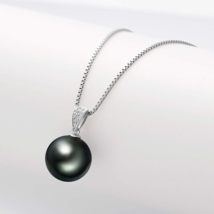 DENGGUANG 18K Gold Natural Black Pearl Pendant Necklace Pendant with Diamond 10-11mm Genuine Tahitian Cultured Round Pearls Jewelry Gifts for Women with 18" Silver Chain