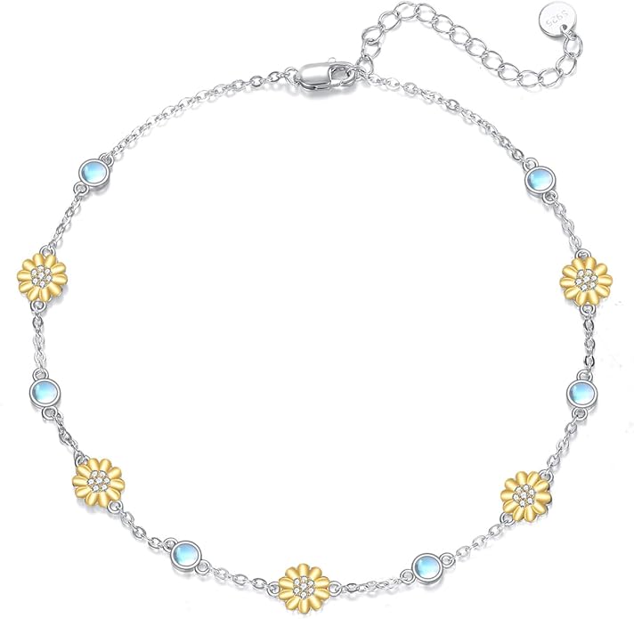CRMAD 925 Sterling Silver Daisy/Sunflower Moonstone Anklet Daisy Flower Ankle Bracelet for Women Beach Dainty Jewelry