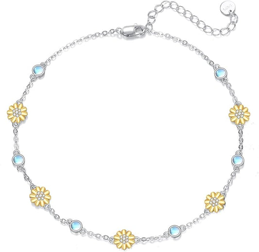 CRMAD 925 Sterling Silver Daisy/Sunflower Moonstone Anklet Daisy Flower Ankle Bracelet for Women Beach Dainty Jewelry