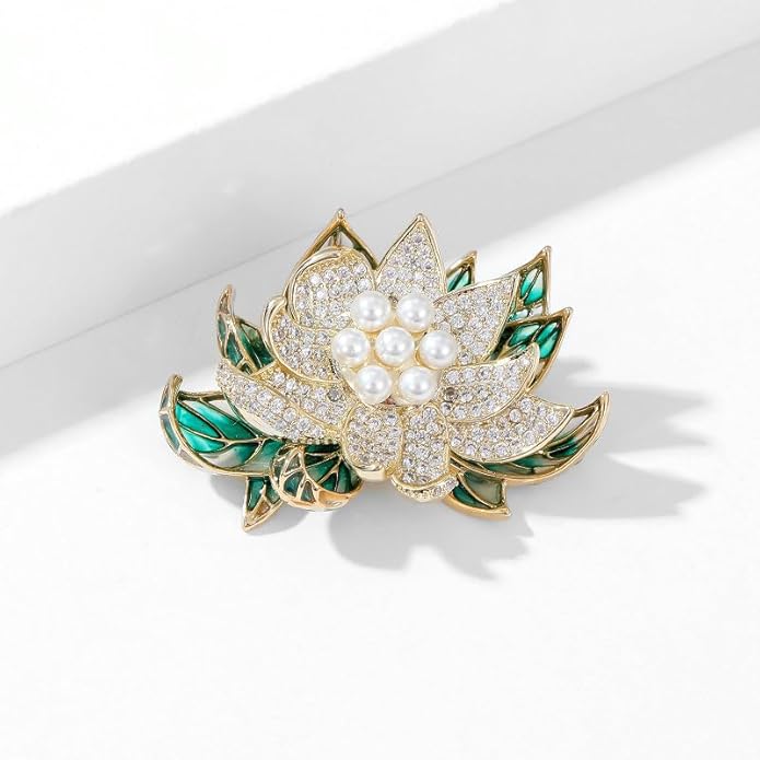 14K Gold Natural Peal Brooch with Lotus Design, High-End Elegant Vintage Chinese Style Accessory, Pearl Flower Brooch, Rhinestone/Crystal Brooches for Women