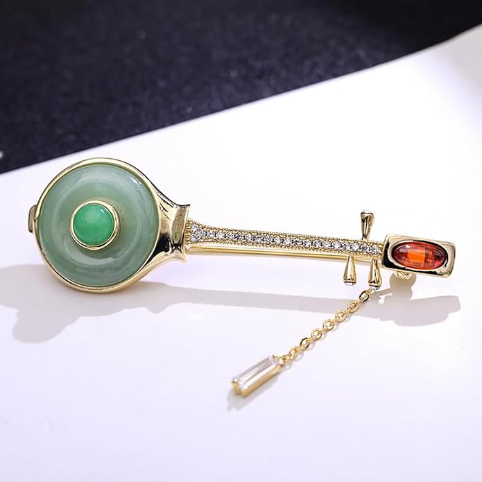 14K Gold Pipa-Shaped Brooch with Moissanite Accents - Elegant Chinoiserie Handcrafted Jewelry, Unique Shawl Pin for Women, Ideal Gift for Birthdays and Special Events