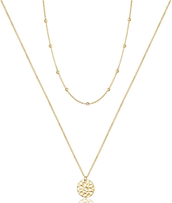 Turandoss Dainty Layered Choker Necklace, Handmade Y Pendant Necklace Multilayer Bar Disc Necklace Adjustable Layering Choker Necklaces for Women