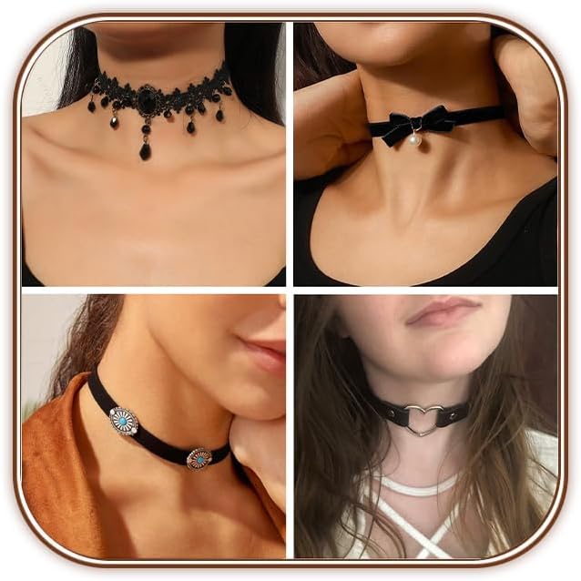 4 Pcs Choker Necklace For Women Black Adjustable Layered Velvet Leather Lace Collar Necklace Goth Jewelry Gifts