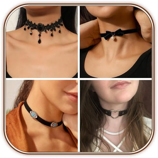 4 Pcs Choker Necklace For Women Black Adjustable Layered Velvet Leather Lace Collar Necklace Goth Jewelry Gifts