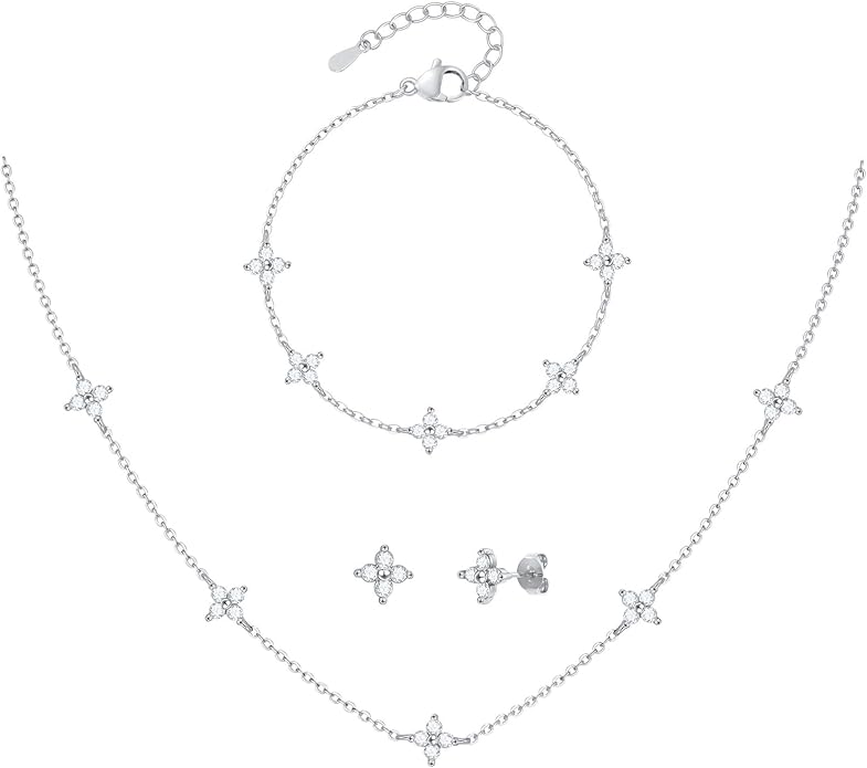 Necklaces Jewelry Set for Women Dainty 14K Silver Plated Four Leaf Bracelet Choker Necklace and Earring Jewelry Set for Women Mom Daughter Gifts