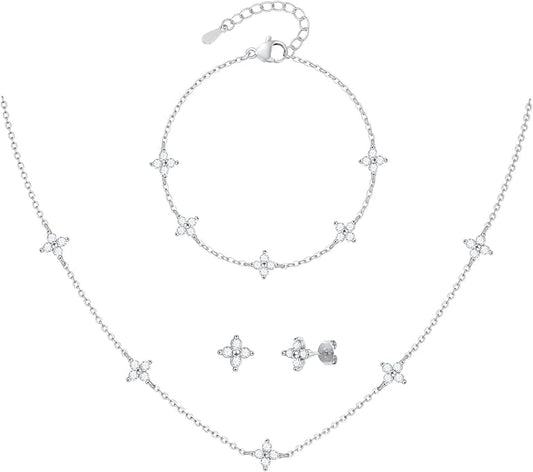Necklaces Jewelry Set for Women Dainty 14K Silver Plated Four Leaf Bracelet Choker Necklace and Earring Jewelry Set for Women Mom Daughter Gifts
