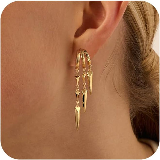Dangle Earrings for Women,14k Gold Plated Triple Huggie Stud Earrings Dainty Drop Earrings for Women Trendy Gold Statement CZ Long Chain Earrings Non Tarnish Jewelry