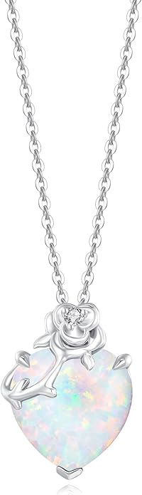 FANCIME 14K Solid White Gold Rose Pendant with Sterling Silver Chain Heart Birthstone Gemstone Fine Jewelry Christmas Gifts for Women Her