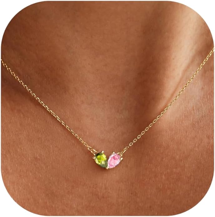 KOHOTA Gold Birthstone Necklace for Women Non Tarnish 14K Gold Plated CZ Heart Pendant Necklaces Dainty 2 Birthstones Emerald Green Charm Necklace for Mother and Daughter Birthday Jewelry Gifts