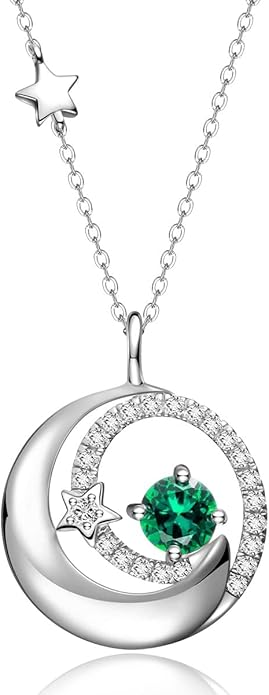 FANCIME Birthstone Necklaces 925 Sterling Silver Moon and Star Pendant Fine Jewelry Birthday Christmas Gifts for Mom Wife Her Daughter, Adjustable Chain 16+2"