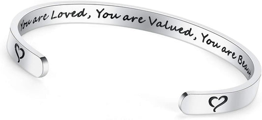 TONY & SANDY Inspirational Bracelets for Women Teen Girls Personalized Gifts for Daughter Granddaughter Mom Sister Friends Stainless Steel Engraved Cuff Birthday Easter Christmas