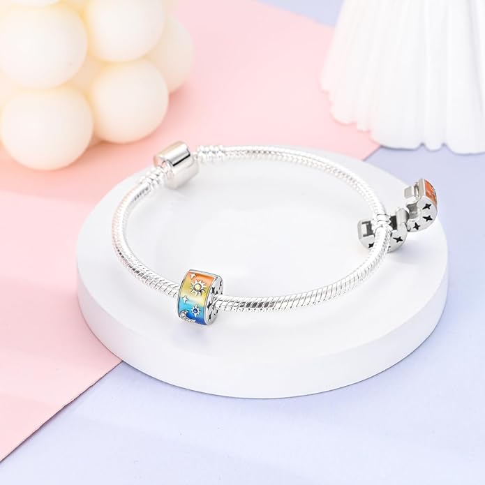 Parmuz Clip Spacer Charm for Bracelet 925 Sterling Silver Pave Cubic Zirconia Lock Stopper Bead Star Moon Evil Eye Jewelry Charm for Woman