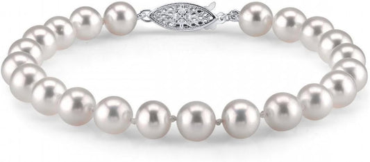 The Pearl Source White Freshwater Pearl Bracelet for Women - Cultured Pearl Bracelet in 14k Gold Plated Sterling Silver Clasp with Genuine 7-8mm Cultured Pearls