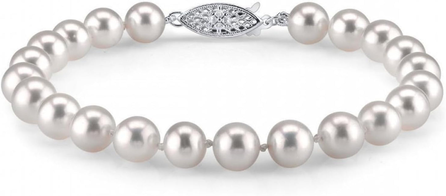 The Pearl Source White Freshwater Pearl Bracelet for Women - Cultured Pearl Bracelet in 14k Gold Plated Sterling Silver Clasp with Genuine 7-8mm Cultured Pearls