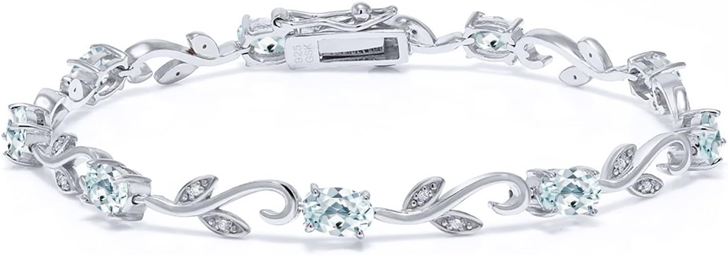 Gem Stone King 4.63 Cttw Oval Sky Blue Aquamarine and Diamond Greek Vine Tennis Bracelet For Women In 925 Sterling Silver | Gemstone Birthstone | Oval 6X4MM | 7 Inch