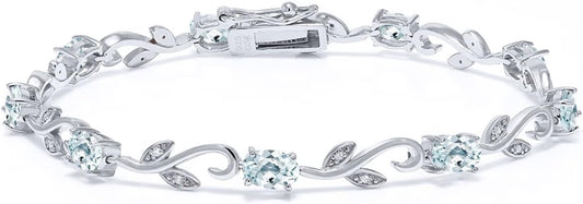 Gem Stone King 4.63 Cttw Oval Sky Blue Aquamarine and Diamond Greek Vine Tennis Bracelet For Women In 925 Sterling Silver | Gemstone Birthstone | Oval 6X4MM | 7 Inch