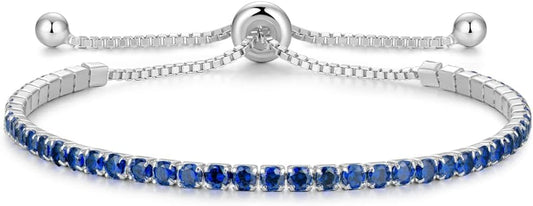 Sterling Silver Birthstone Tennis Bracelets for Women 2.5mm Tennis Bolo Bracelet Fashion Jewelry Birthday Gifts for Women Mom Wife | Adjustable Size 9"