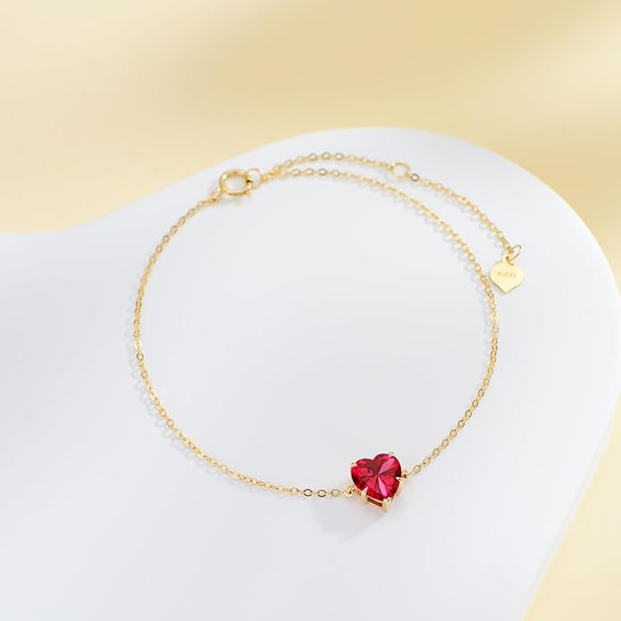 14k Gold Love Heart Gemstone Bracelet for Women,7MM Heart-cut Created Birthstone Anniversary Birthday Mother's Day Bracelets Jewelry for Mom Her 6.5''+2''