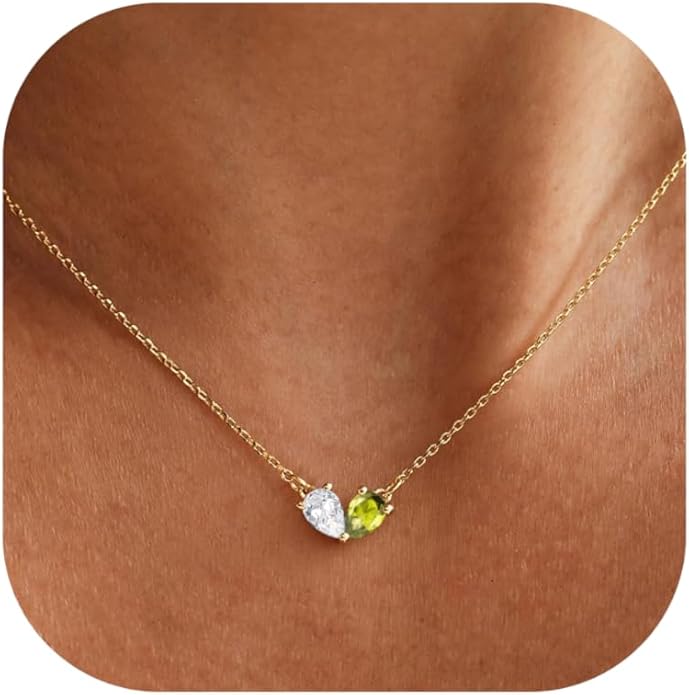 KOHOTA Gold Birthstone Necklace for Women Non Tarnish 14K Gold Plated CZ Heart Pendant Necklaces Dainty 2 Birthstones Emerald Green Charm Necklace for Mother and Daughter Birthday Jewelry Gifts