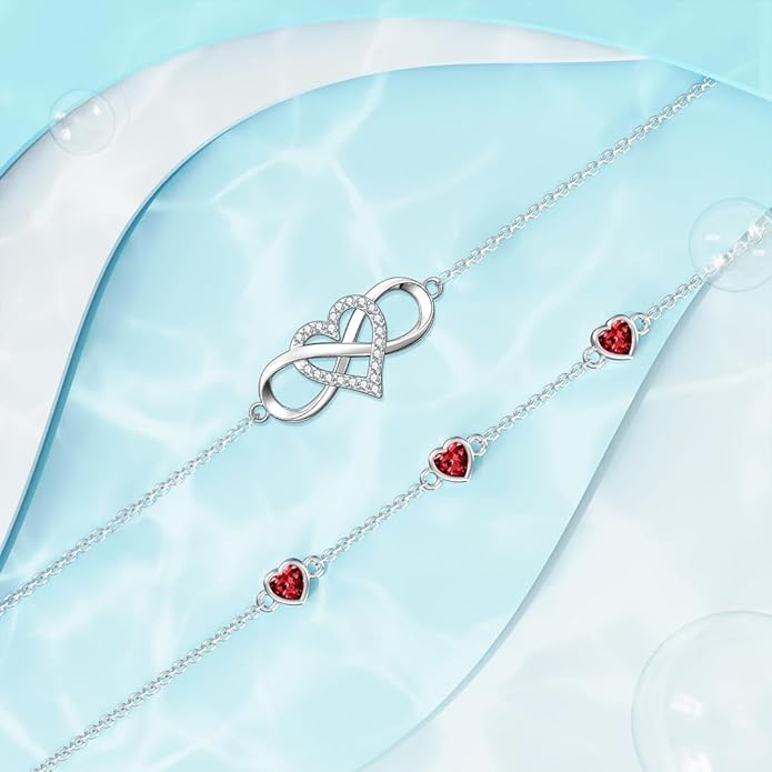 Dorunmo 925 Sterling Silver Infinity Heart Birthstone Anklet Bracelets for Women Best Mother's Day Birthday Jewelry for Wife Girlfriend Mom Her