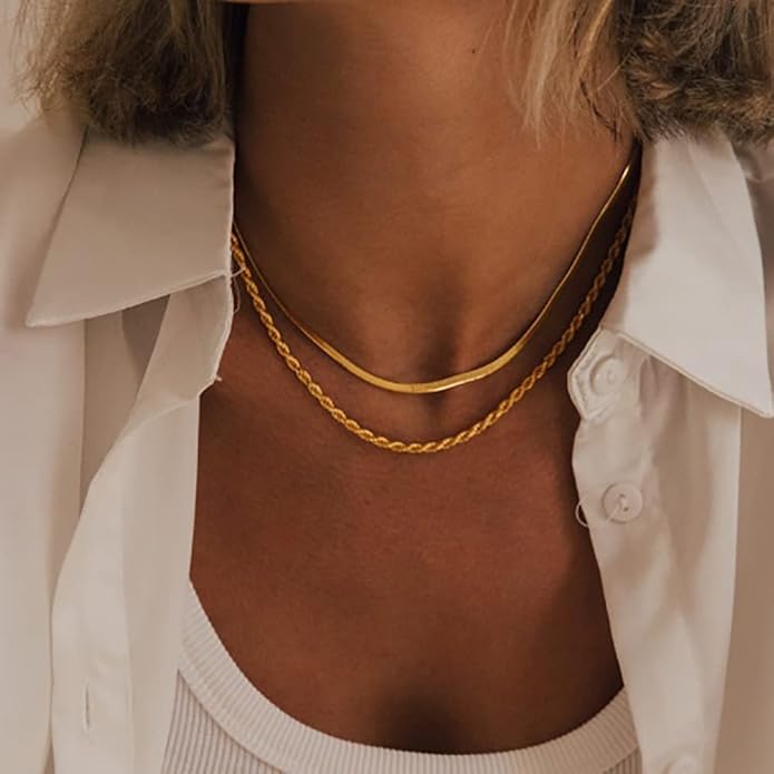 Freekiss Herringbone Necklace for Women,Dainty Gold Necklace,14k Gold Plated Snake,Gold Chain Choker Necklaces,Simple Gold Layered Necklaces,Gold Jewelry Gift for Women
