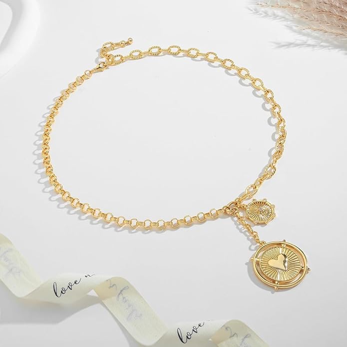 Chunky Gold Necklace for Women, 18K Waterproof Heart Necklace Statement Necklace Gold Charm Necklace Chunky Jewelry Paperclip Chain Choker Gift for Women