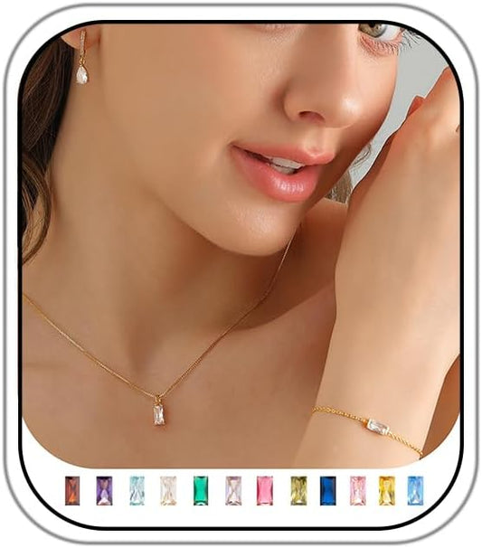 Birthstone 14K Gold Plated Bracelets Earrings Necklaces Jewelry Set， Blue Green May Cubic Zirconia，Friendship Bracelets Jewelry Gifts for Mom Best Friend Birthday