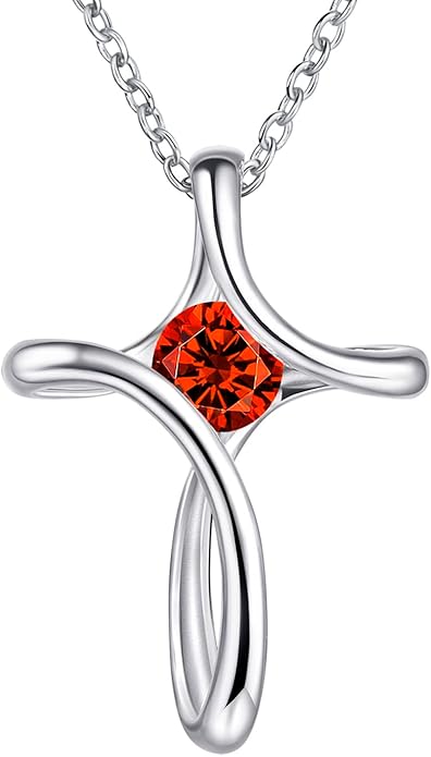 NINAMAID Cross Necklace for Women, 925 Sterling Silver Birthstone Necklace for Women with Diamond Sideways Cross Necklaces Birthstone Jewelry Birthday Gifts for Womens