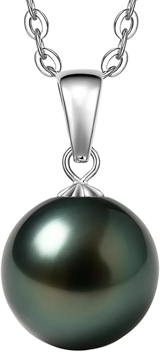 Genuine Tahitian Black Pearl Necklace for Women, 9-12mm AAAAA Handpicked Natural Black Pearl Pendant with 18K White Gold Plated Sterling Silver Chain, Luxury Jewelry Birthday Gifts for Wife, Women, Mother, Girlfriend, Anniversary, Valentines, Mothers Day