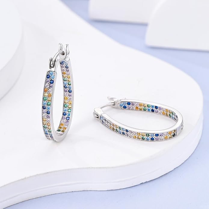 NARMO 925 Sterling Silver Hoop Earrings for Women Hypoallergenic Lightweight Simple Huggie Hoop Earrings Twisted Hoop Earrings Colorful Cubic Zirconia Hoop Earrings Rainbow Hoop Earrings