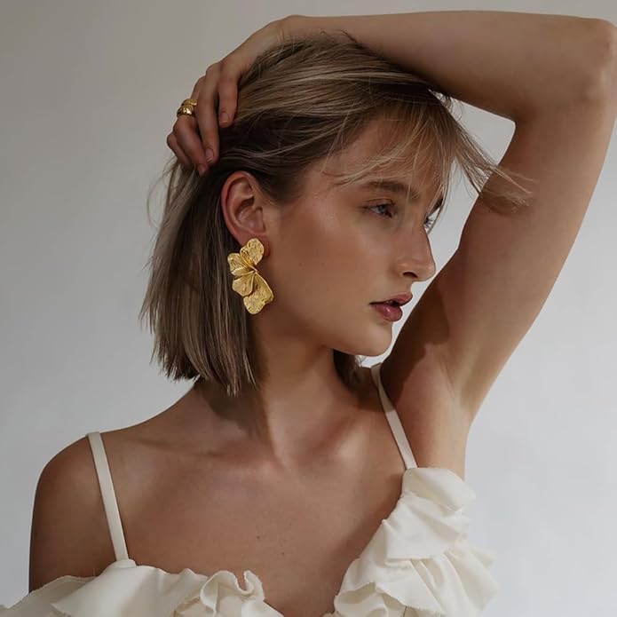 Chunky Gold Statement Earrings For Women Gold Plated Sectored Flower Leaf Shell Angel Wing Earrings Large Stud Earrings Hypoallergenic Earrings