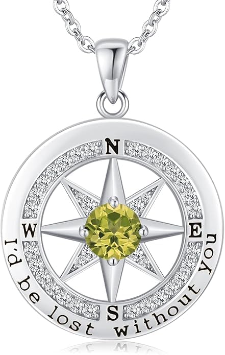 Compass Necklace for Women Wife Girlfriend Mom Daughter Gifts S925 Silver Jewelry For Anniversary Rose Gold Gifts For Birthday Christmas Mothers Valentines Day 12 Birthstones