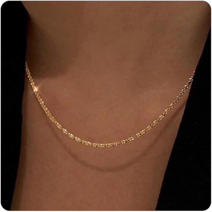 Dainty Chain Necklace for Women, 18K Gold Plated Coin Disc Choker Necklaces Simple Satellite Beaded Twisted Thin Paper Clip Chain Everyday Jewelry Gifts