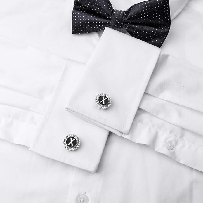 HAWSON A-Z Initial Cufflinks for Men and Women with Clear Crystal, Gold Silver Color Rasied Letter A-Z Cuff Links for French Shirt, Gift for Normal and Business Wearing