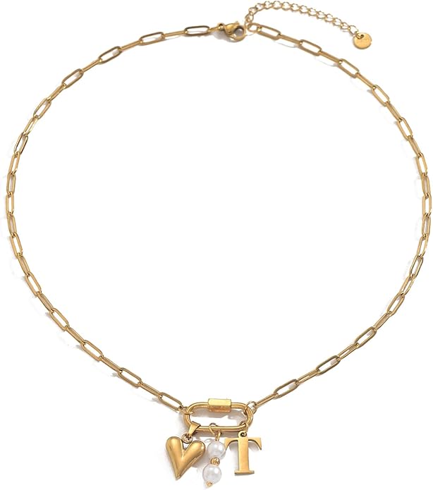 Gold Heart Initial Necklaces for Women 18K Gold Plated Dainty Pearl Letter Necklace Personalized Monogram Name A-Z Pendant Everyday Jewelry for Women