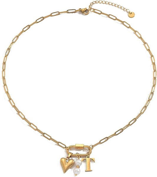 Gold Heart Initial Necklaces for Women 18K Gold Plated Dainty Pearl Letter Necklace Personalized Monogram Name A-Z Pendant Everyday Jewelry for Women
