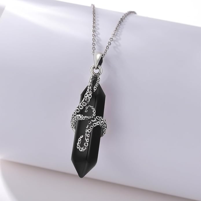 OHAYOO Octopus Tentacles Necklace 925 Sterling Silver Octopus Pendent Necklace Wrapped Obsidian Octopus Jewelry Gifts for Women