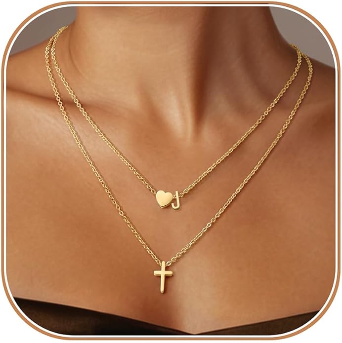 Cross Necklace, Layered Initial Necklaces for Women,Dainty 18K Real Gold Plated Heart Initial Necklace, Personalized Gifts for Women Teen Jewelry