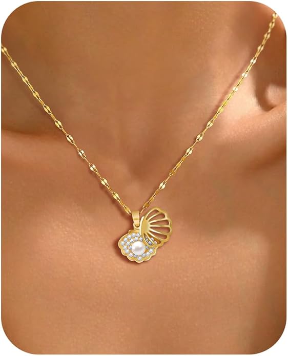 Shell Necklace for Women,14k Gold Plated Layered Starfish Conch SeaShell Pearl Pendant Charm Necklace,Non Tarnish Adjustable Stainless Steel Chain Stack Jewerly for Summer Beach Vacation