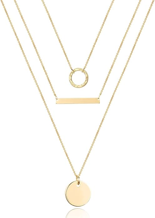 Turandoss Dainty Layered Choker Necklace, Handmade Y Pendant Necklace Multilayer Bar Disc Necklace Adjustable Layering Choker Necklaces for Women