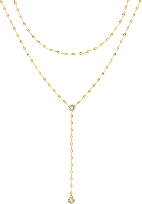 Zeffy Lariat Gold Necklace for Women, Dainty Long Necklace 14k Gold/Silver Plated Layered CZ Beaded Bar Chain Y-Shaped Body Chain Stack Drop Wedding Necklace Trendy Simple Gold Jewelry Gifts