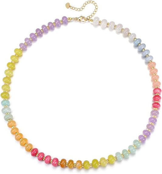 CrystalTears Beaded Gemstone Necklace for Women, Womens Colorful Boho Stone Bead Choker Necklace, Handmade Natural Crystal Stone Summer Beach Jewellery Gifts for Women Mom Christmas