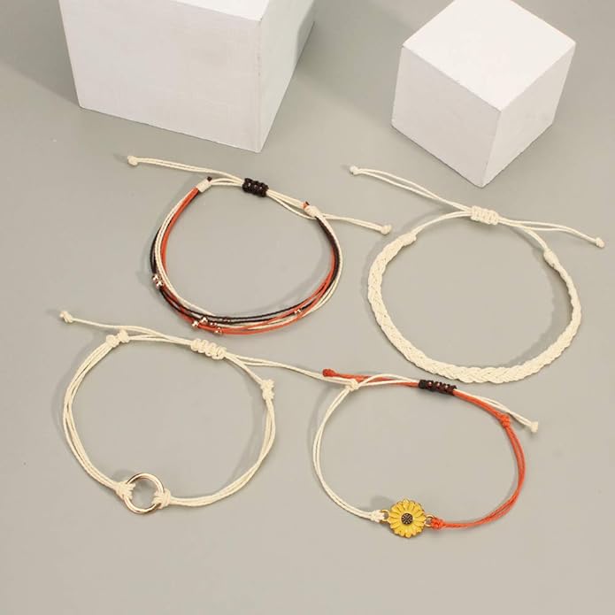 FANCY SHINY Sunflower String Bracelet Boho Braided Rope Wrap Bracelets Cute Summer Beach Surfer Jewelry for Women