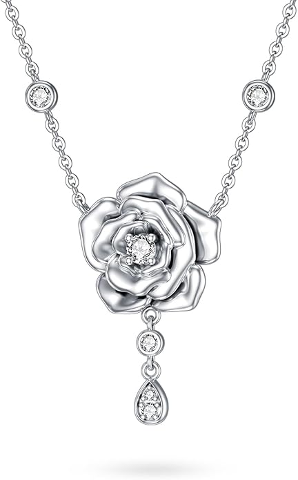 1/14 Carat Diamond Rose Necklace for Women 925 Sterling Silver Rose Flower Pendant Necklaces 18K Gold Plated Fine Jewelry