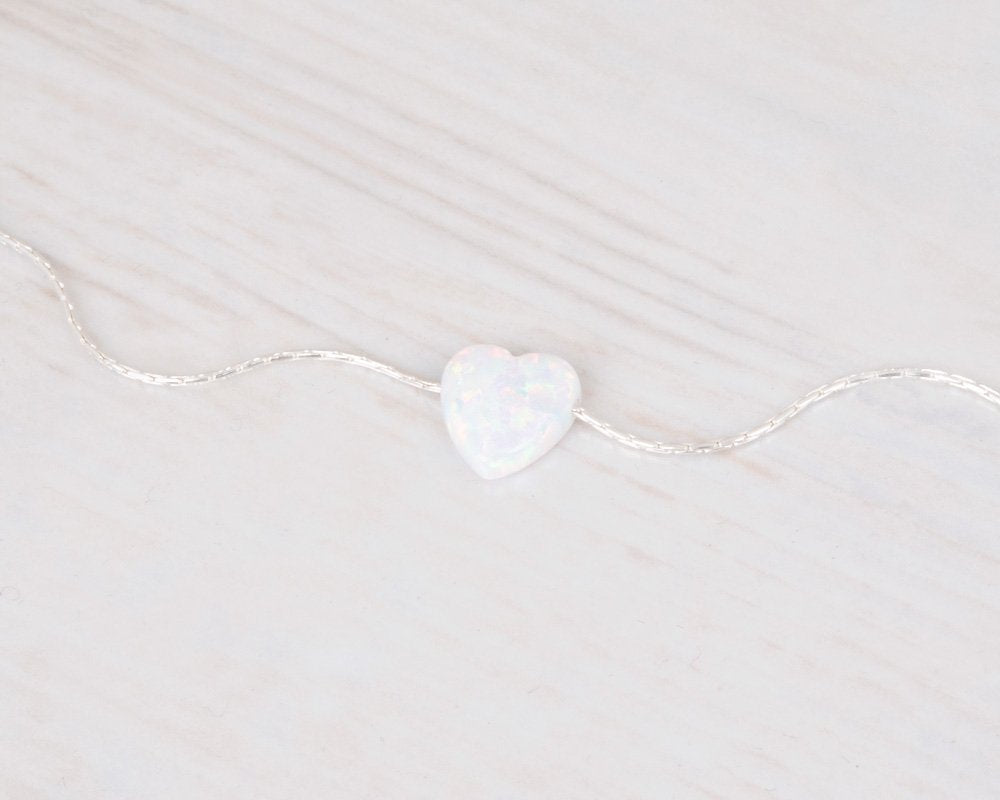 White Opal Heart On Sterling Silver 925 Choker Necklace - Designer Handmade Minimal Necklace for Women - Length: 13.5 inch + 3 inch Extender (sterling silver, white)