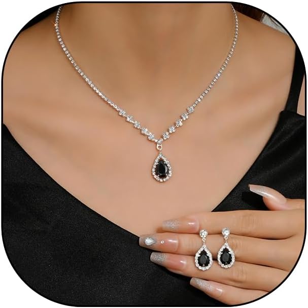 JczR.Y Rhinestone Tennis Necklace Earring Set Zircon Crystal Teardrop Pendant Necklaces Rhinestone Bridal Necklace Earrings for Women Wedding Gowns Prom Statement Jewelry Set