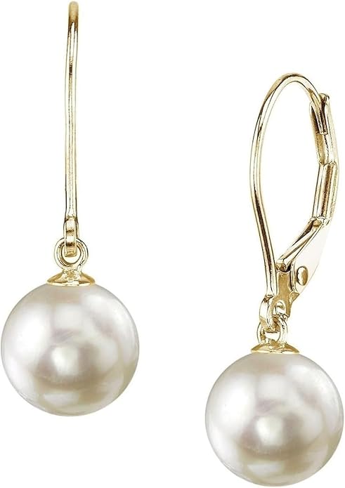 THE PEARL SOURCE 7.5-8.0mm White Japanese Akoya Real Pearl Earrings for Women - 14k Gold Leverback Earrings | Earrings with Genuine Cultured Pearls Pearl Gifts for Christmas, Holidays and Anniversary